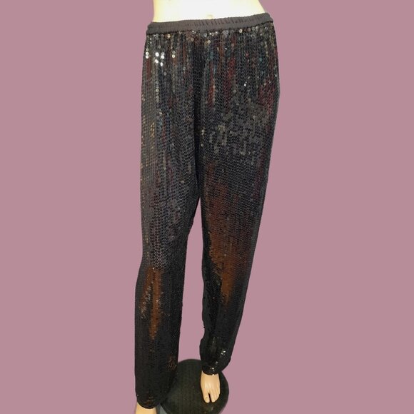 Vintage 80s Ann Green Art Deco Silk Sequined Top Pants Set Black Silver Womens L - Picture 8 of 10